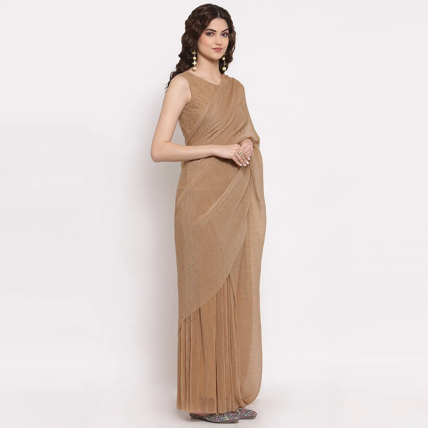 Beige Drape Saree With Net And Plisse Fabric