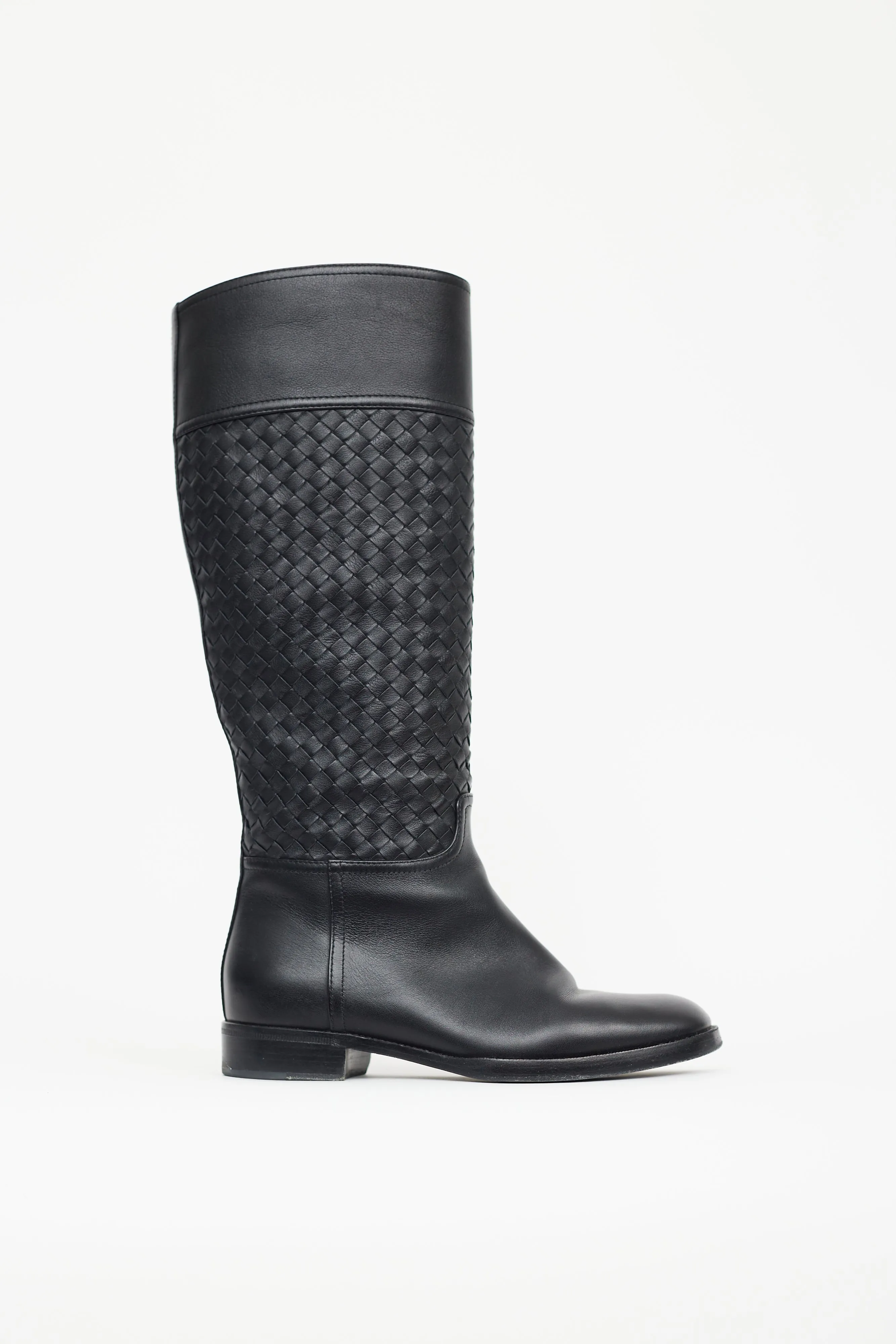 Black Leather Intrecciato Pattern Riding Boot