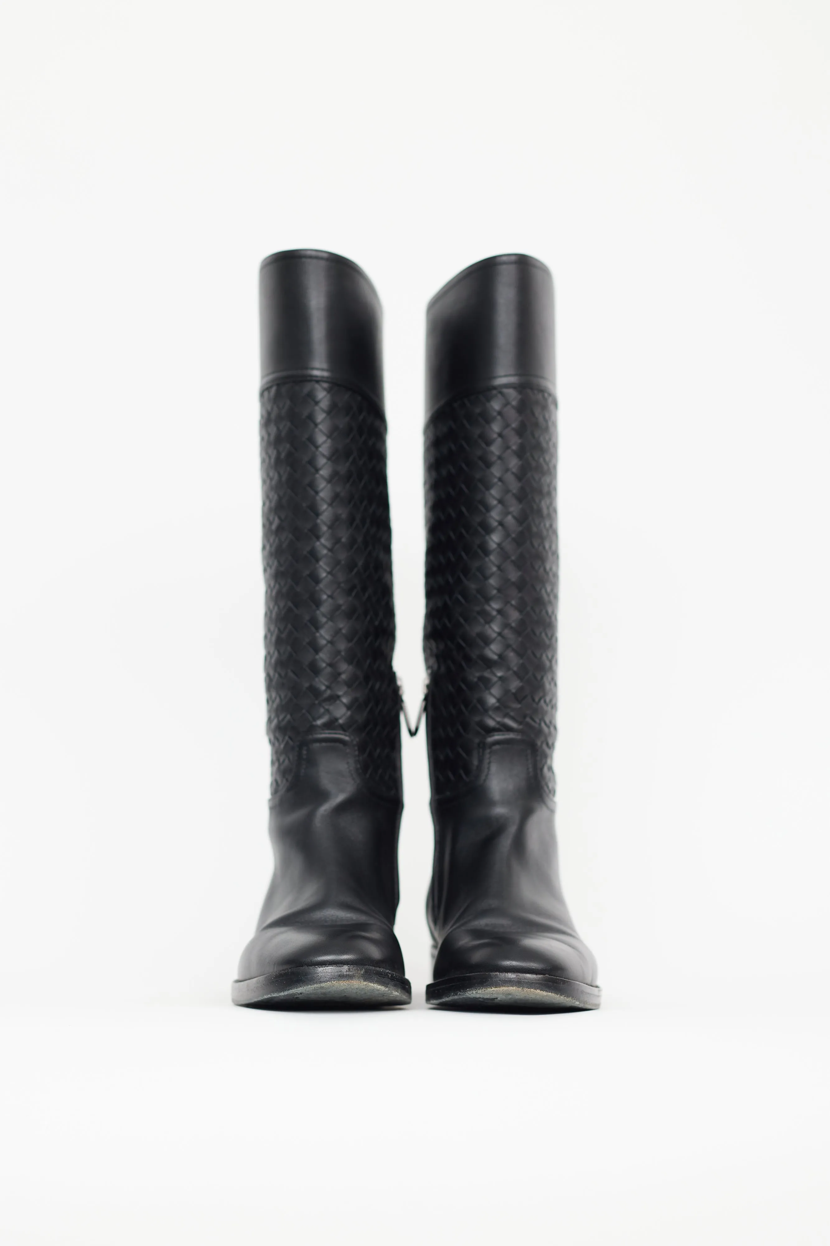 Black Leather Intrecciato Pattern Riding Boot