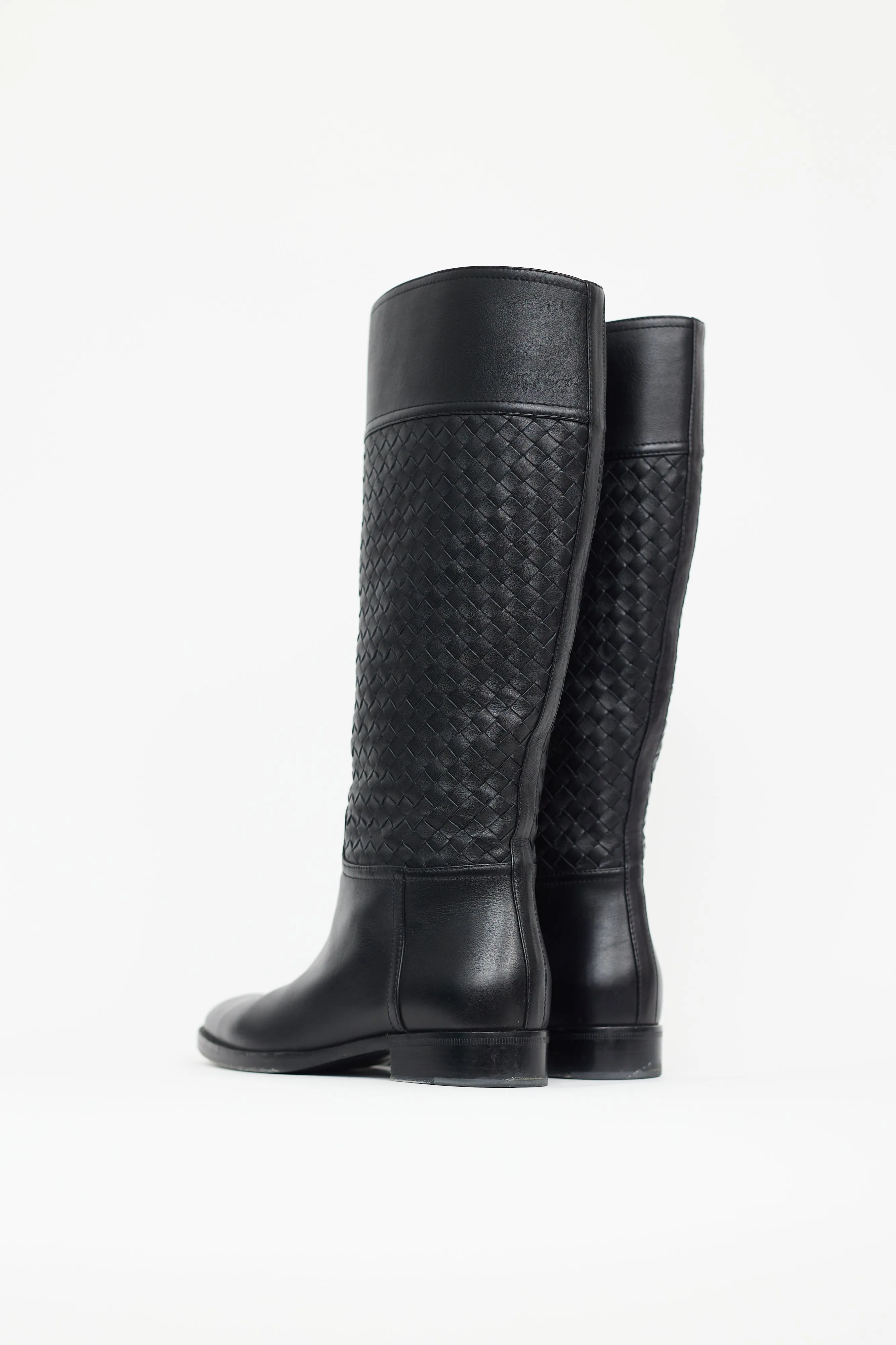 Black Leather Intrecciato Pattern Riding Boot