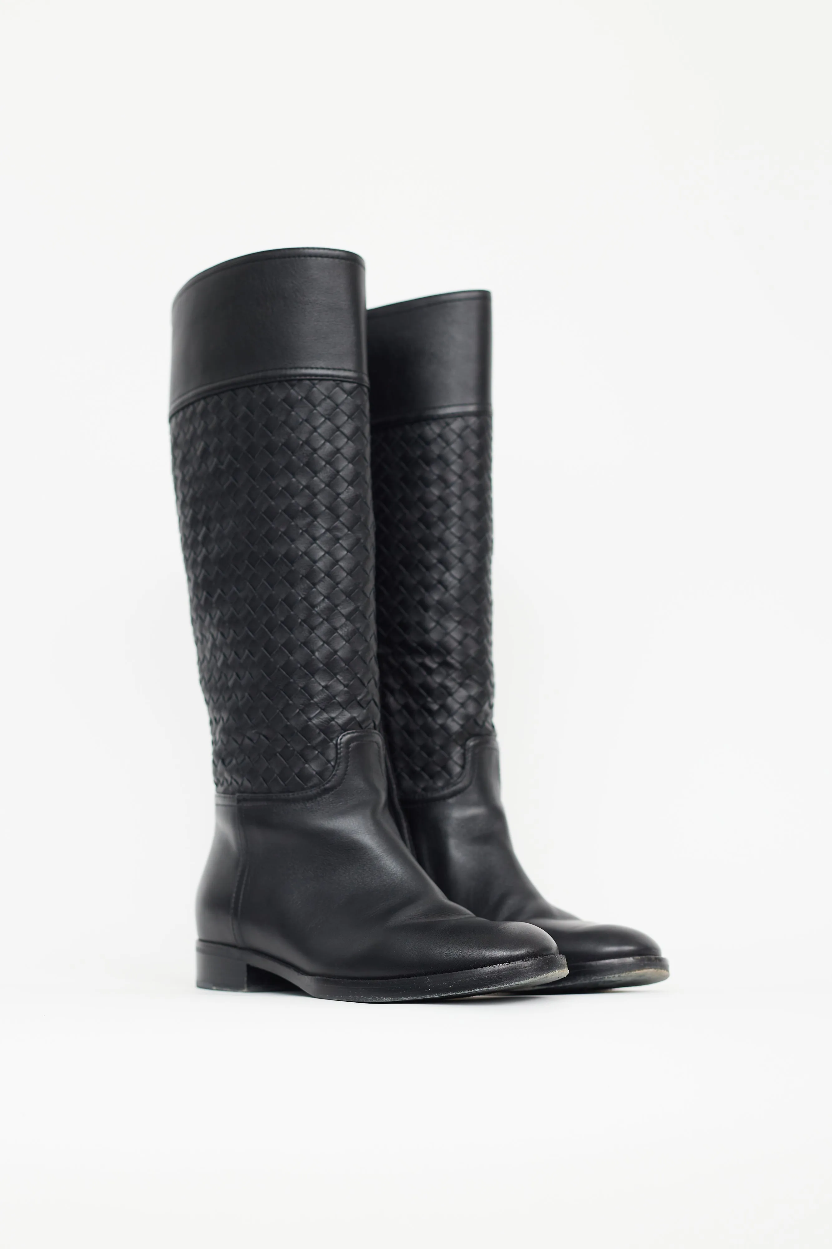 Black Leather Intrecciato Pattern Riding Boot