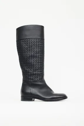 Black Leather Intrecciato Pattern Riding Boot