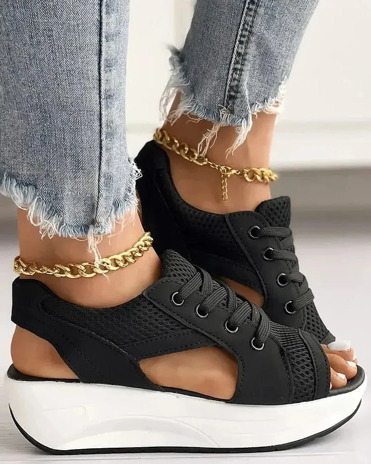 Contrast Paneled Cutout Lace-up Muffin Sandals