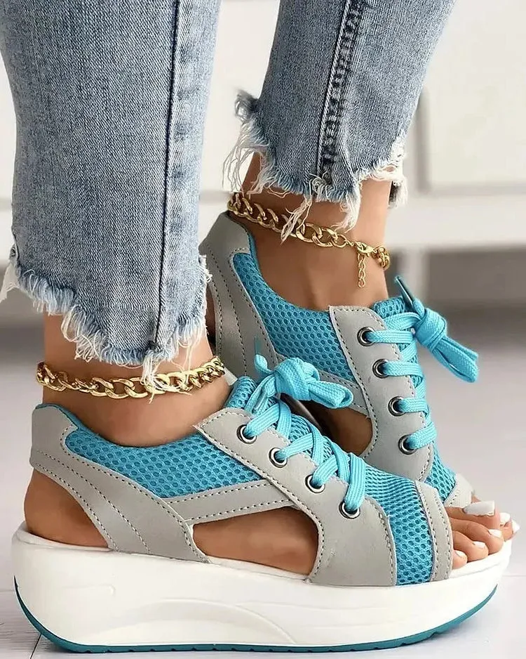 Contrast Paneled Cutout Lace-up Muffin Sandals