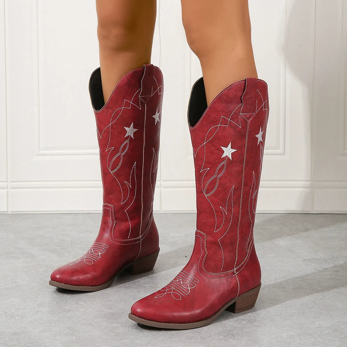 Embroidered Totem Women Riding Boots Thick Heel round Head Middle Boots All Match Vacation Everyday Women Boots