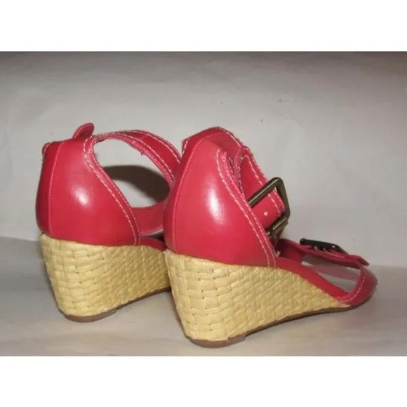 Etienne Aigner Salmon Pink Wedge Sandals with White Stitching