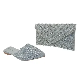 Fashion Rhinestone Pointed Flat Mule Sandal and Envelop Clutch Set