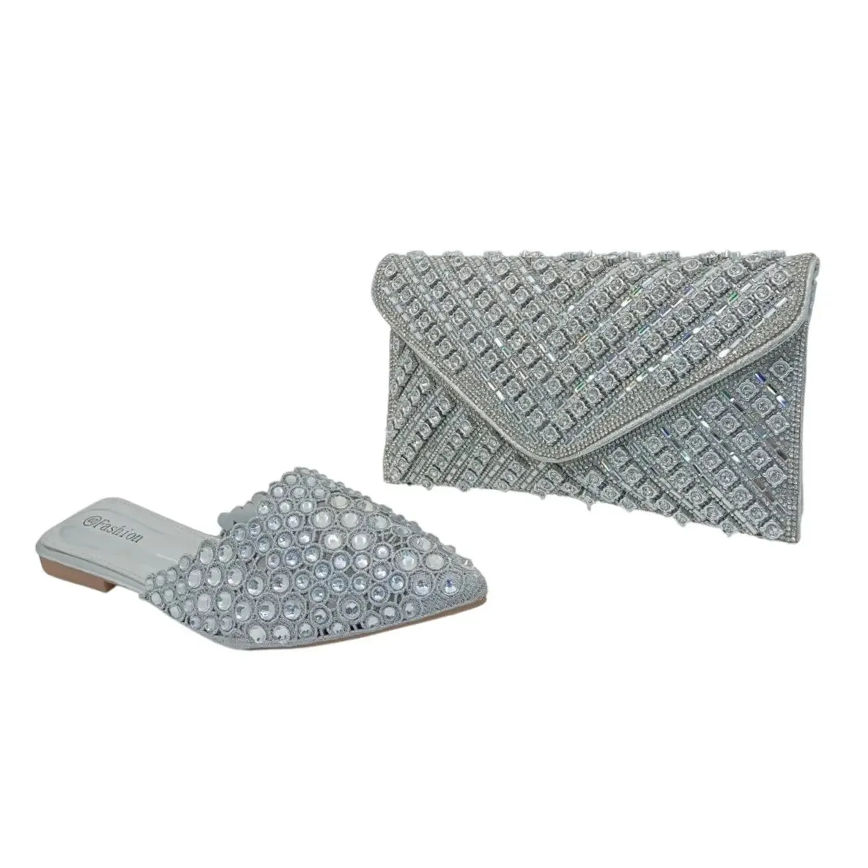 Fashion Rhinestone Pointed Flat Mule Sandal and Envelop Clutch Set