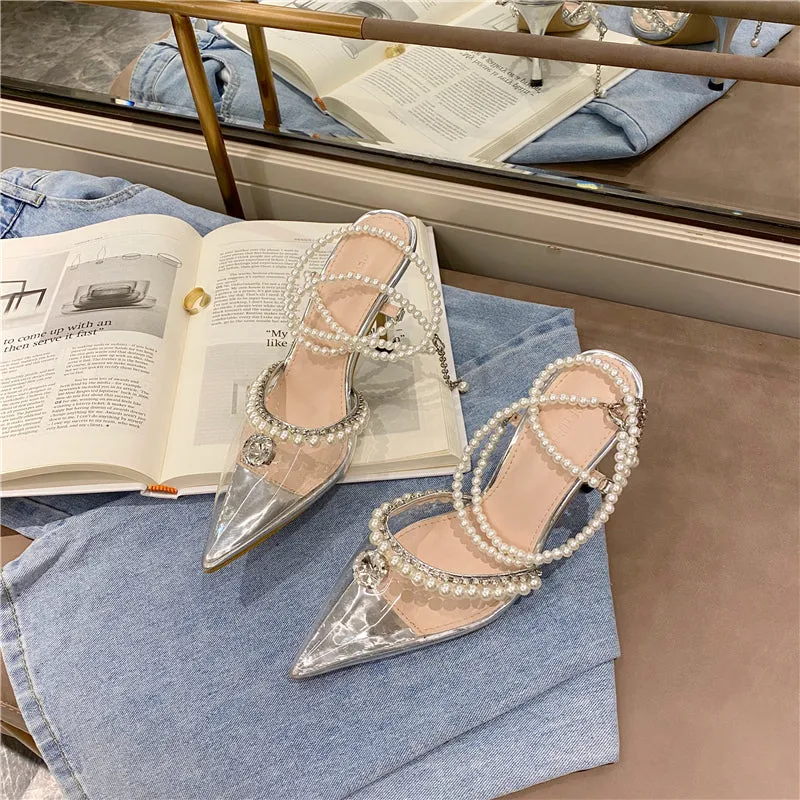 Pointed Head Transparent Sandals Female Summer  New Pearl Rhinestone High Heels Fine Fairy Style Sandals