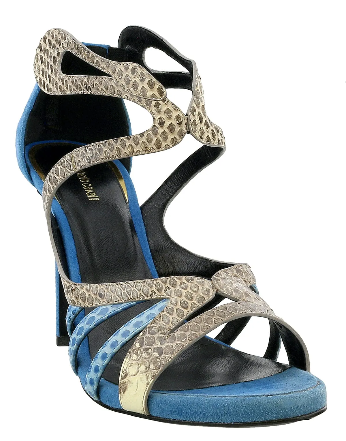 Roberto Cavalli Blue Suede Strappy Back Zip Siletto Sandal-