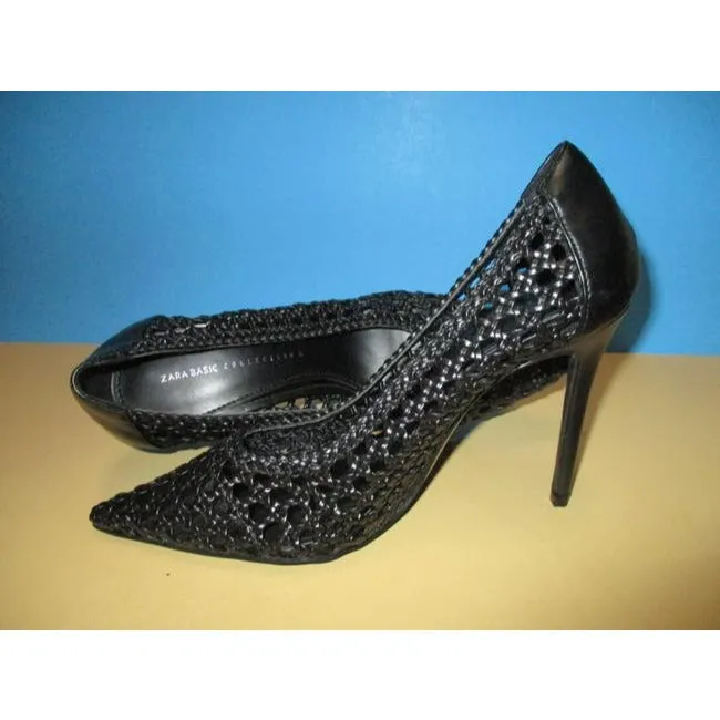 Zara Black Matte Woven Pointed Toe Basic Collection Pumps Size Eu