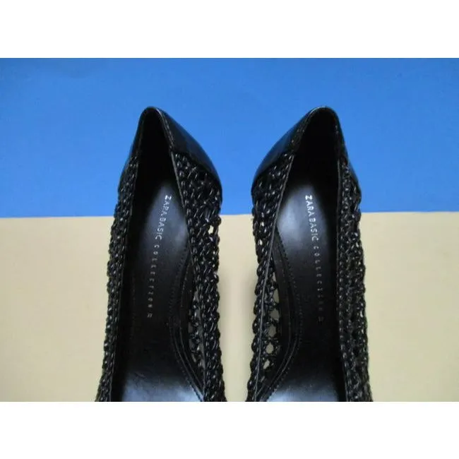 Zara Black Matte Woven Pointed Toe Basic Collection Pumps Size Eu